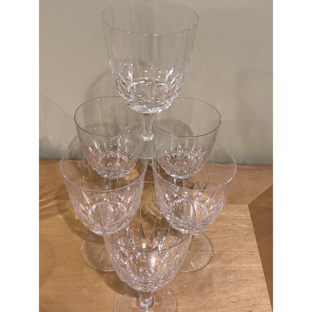 Set of 6 Crystal Water Goblets Cut Glass Vertical Fluted Diamond Pattern 5.75in